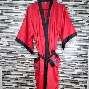 Satin Luxurious Red Black Women's Robe with Blue Embroidery Dragon
